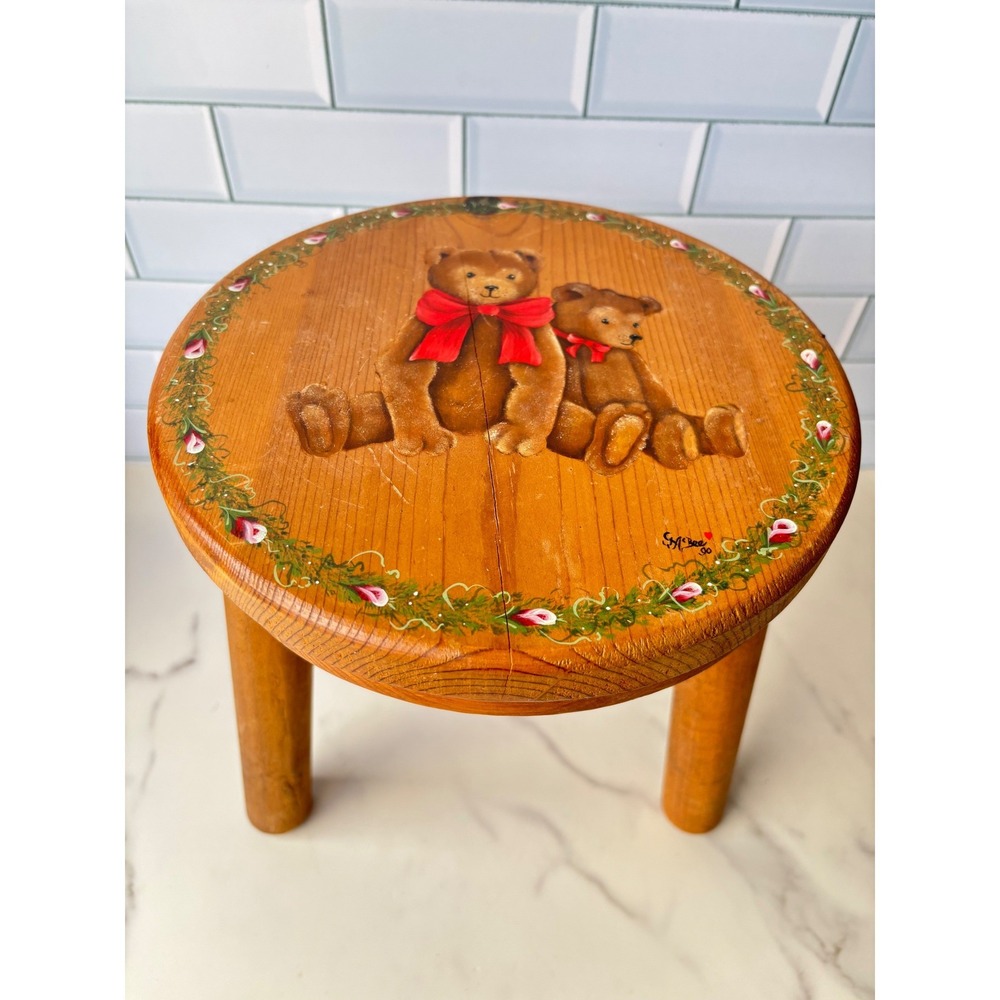 Vintage Amish Farm Wood Footstool Hand Painted Teddy Bears Berlin Ohio 9 Inch